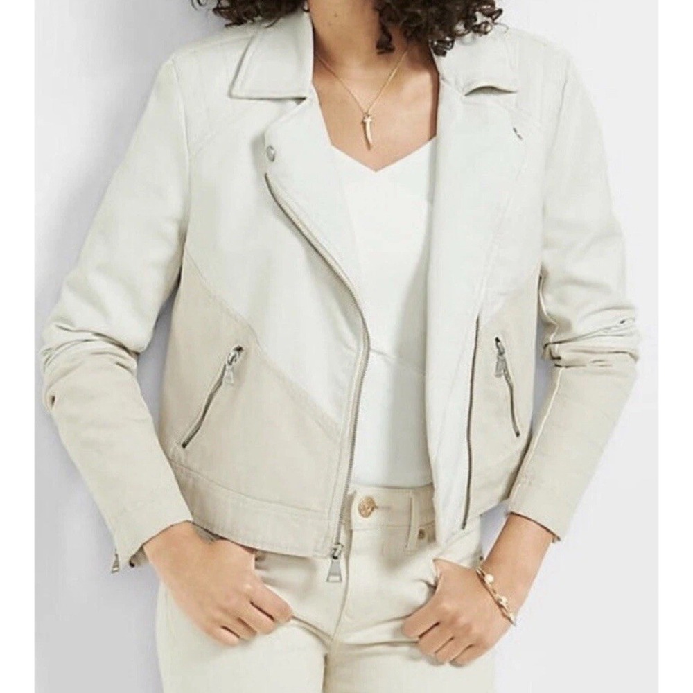 Express Modern Faux Leather Biker Jacket Coat Women's M Medium Ivory Cream White